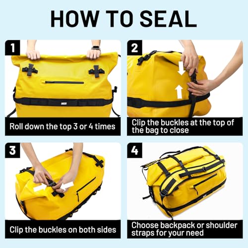 MIER Large Waterproof Duffel Bag - 60L/80L Dry Bag Backpack | Detachable Backpack Straps; Multi-Pockets; Roll-Top with Hook-and-Loop Closure; Motorcycle, Kayaking, Gym, Beach, Boating - color: Yellow, size: 60L
