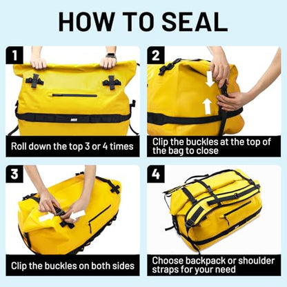 MIER Large Waterproof Duffel Bag - 60L/80L Dry Bag Backpack | Detachable Backpack Straps; Multi-Pockets; Roll-Top with Hook-and-Loop Closure; Motorcycle, Kayaking, Gym, Beach, Boating - color: Yellow, size: 60L