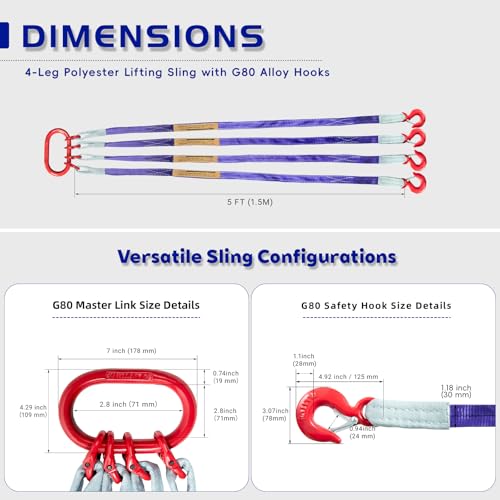 Industrial-Grade 5 ft (1.5m) Polyester Lifting Sling – 8,800 lbs (4 Ton) Capacity, 4 Legs, 6:1 Safety Ratio, G80 Hooks – Heavy-Duty, Durable, and Safe for Rigging and Overhead Lifting