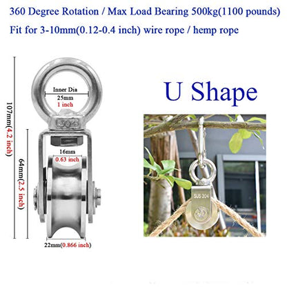 Pulley Wheel with 2 Bearing, Cable Pully Shoulder Pulley Block Heavy Duty for Washing Line/Rope Loading 880lb/400Kg - size: 107mm Snap