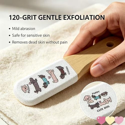 Foot File Callus Remover, Professional Pedicure Tool with Bamboo Handle, Gentle 120 Grit Exfoliator for Cracked Heels, Dead Skin & Corns, Cute Dog Pattern, Non-Slip Grip for Wet & Dry Use