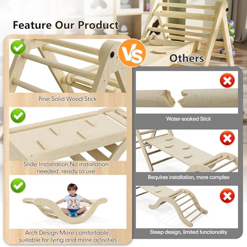 bbgroundgrm Pikler Triangle Set Climber 5 in 1, Toddler Climbing Toys Indoor Folding with Ramp & Arch for Montessori Play Gym for Toddlers and Kids (Natural)(99" Wx21 Dx23 H)