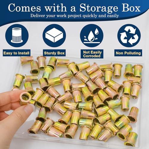 70Pcs M8 Rivet Nuts, Metric Zinc Plated Finish Carbon Steel Flat Head Threaded Insert Nutsert Kit - color: Yellow, size: Metric M8 - 70 Pcs