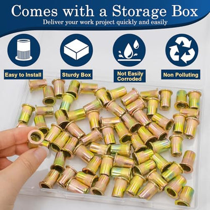 70Pcs M8 Rivet Nuts, Metric Zinc Plated Finish Carbon Steel Flat Head Threaded Insert Nutsert Kit - color: Yellow, size: Metric M8 - 70 Pcs