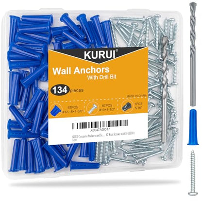 #12-16 Wall Anchors and Screws Kit, 134 PCs Drywall Anchors for Drywall Brick Masonry Stucco Concrete, 67 Plastic Concrete Anchors and 67 Wood Screws, Drywall Anchors for Picture, Curtain Rod - style: 134 PCs
