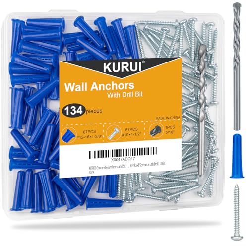 #12-16 Wall Anchors and Screws Kit, 134 PCs Drywall Anchors for Drywall Brick Masonry Stucco Concrete, 67 Plastic Concrete Anchors and 67 Wood Screws, Drywall Anchors for Picture, Curtain Rod - style: 134 PCs