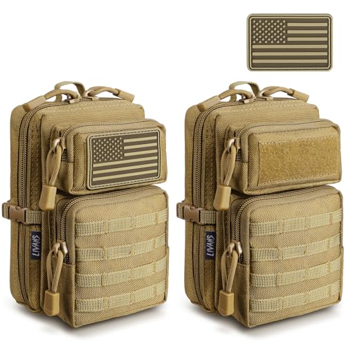2 Pack Molle Accessories Tactical EDC Pouch, Small Tool Bag, Utility Phone Holder IFAK for Duty Belt, Backpack, Vest (Includes 2 US Flag Patch) - color: Khaki