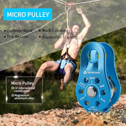 Fixed Plate Micro Pulley,28KN CE Certified General Purpose Small Aluminum Rope Pulleys for Climbing/Aloft Work/Rappelling/Rescue Etc - color: Pack of 2(28KN Pulley Blue
