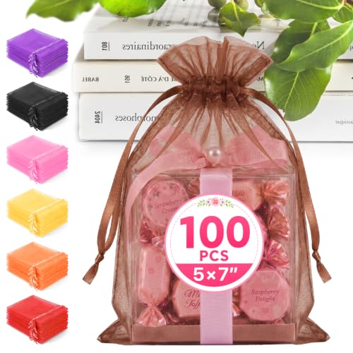 ANZNKU 100PCS Organza Bags 5x7 Brown Small Gift Mesh Drawstring Goodie Bag | Party Favor Goody Gift Bag Pouch for Jewelry Candy Treat Soap Sachet, Use for Wedding Birthday Baby Shower Graduation - color: Brown-5"x7"