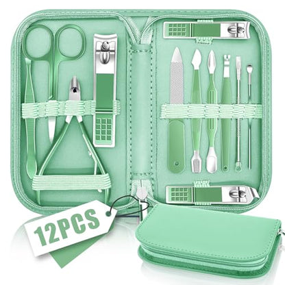 Manicure Pedicure Set, Nail Clipper Set for Men Women, Professional Manicure Kit Pedicure Kit, Nail Care Kit with Green Travel Leather Bag, Set 12 in 1 - color: green