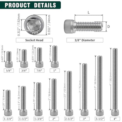 3/8-16 x 1-3/4" Socket Head Cap Screws, 304 Stainless Steel (18-8), Full Thread, Machine Screws for DIY, Machinery, Electronics, 10-Pack - size: 3/8-16 x 1-3/4" FT