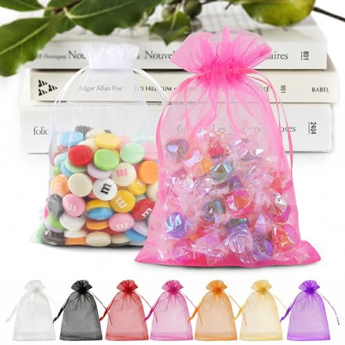 ANZNKU 50 PCS Organza Bags 5 x 7, Colorful Small Mesh Gift Bag Drawstring | 10Colors, Sheer Goodie Sachet Pouches for Wedding Party Favors Baby Bridal Shower & Halloween, Use for Candy Jewelry Treats - color: 10 Colors
