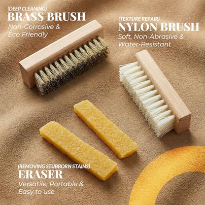 Suede and Nubuck Shoe Cleaner Kit - 4 pcs Shoe Care Set, Brass & Soft Nylon Brushes with 2 Erasers - Premium Dry Cleaning Tools for Boots, Sneakers, Bags - Restores Nap & Removes Scuffs