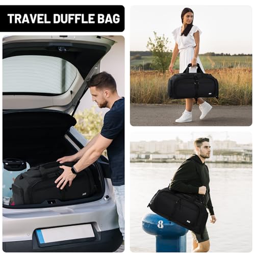 MIER Packable Travel Duffle Bag with Shoe Compartment, 50L, Black | Foldable Weekender Duffel; Multi-Pockets; Adjustable Shoulder Strap; Luggage Sleeve; Travel, Sports, Camping, Gym - color: Black, size: 50L