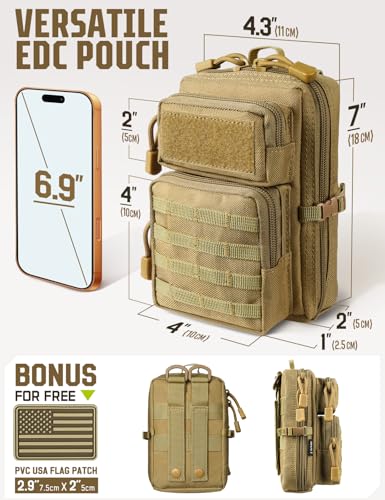 2 Pack Molle Accessories Tactical EDC Pouch, Small Tool Bag, Utility Phone Holder IFAK for Duty Belt, Backpack, Vest (Includes 2 US Flag Patch) - color: Khaki