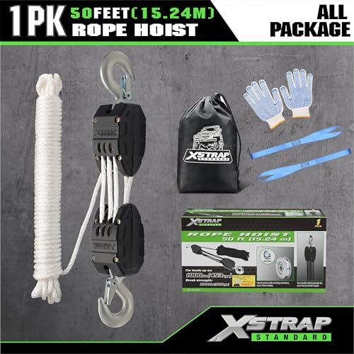 XSTRAP STANDARD Heavy-Duty Block and Tackle Pulley System, 1000 LB Working Load, 2000 LB Break Strength, 50 FT Rope Hoist with 2 Soft Loops for Garage, Hunting & DIY Attic Lift, White - color: 50 Ft+Black White+2 Soft Loops