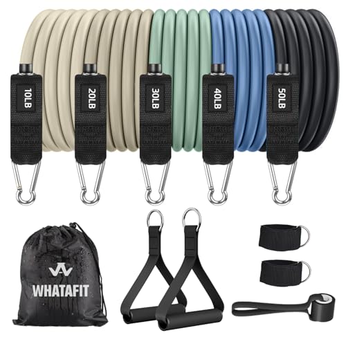 WHATAFIT Resistance Bands with Handles, 5-Level Exercise Bands for Workout | Natural latex,10-50 lbs, stackable to 150,Ankle Straps, Door Anchor,Guide. For Strength, Yoga,Home Gym,Travel & Workout. - color: Green Blue