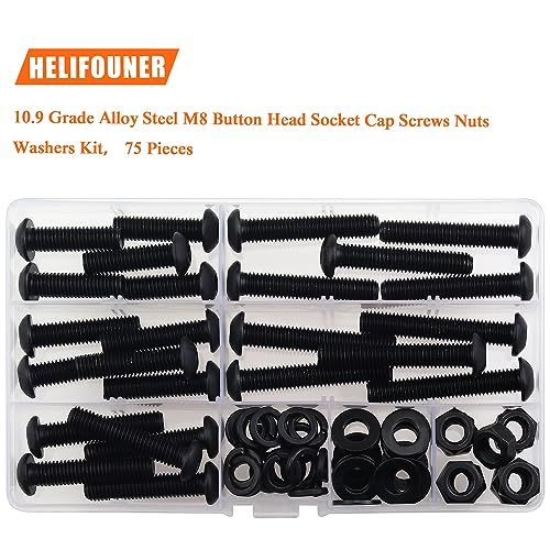 HELIFOUNER 75 Pieces M8 x 30mm /35mm /40mm /45mm /50mm, Button Head Socket Cap Metric Screws Bolts Washers Nuts Kit, 10.9 Grade Alloy Steel, Fully Threaded, Black - size: M8 x 30/35/40/45/50mm, style: Button Head