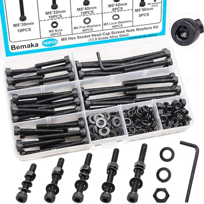 185PCS Black M5 Hex Socket Head Cap Screws, M5 x 30/35/40/45/50mm Metric Screws Bolts Nuts Washers Assortment Kit with Hex Wrench, 12.9 Grade Alloy Steel - size: M5 x 30/35/40/45/50mm, style: Socket Head