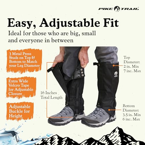 Pike Trail Adjustable Leg Gaiters - Lightweight, Waterproof - Leg Guards for Men & Women - Hiking Essentials Ideal for Hunting, Trekking & Fishing - 1 Pair - color: Black