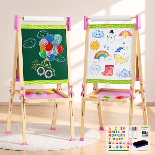 Adjustable Double-Sided Magnetic Wooden Easel for Kids with Paper Roll | Kids Easels,Dry Erase Whiteboard and Chalk Board,Eductional Learning Toys for 3 -10 Year Old Girl Boy Gifts - color: Green