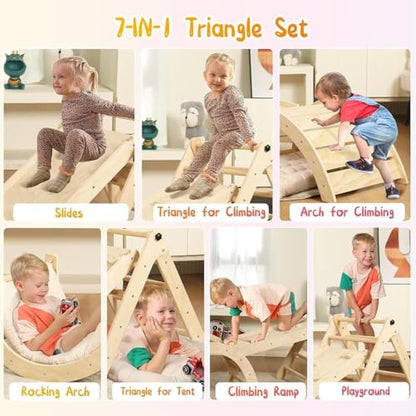 Pikler Triangle Set with Cushion, 7 in 1 Toddler Climbing Toys Indoor | Foldable Space-saving Design, Montessori-inspired Learning, Reversible Slide & Ramp, ASTM F963 Standards for Toddlers 18M-5Y - color: Nature Wood