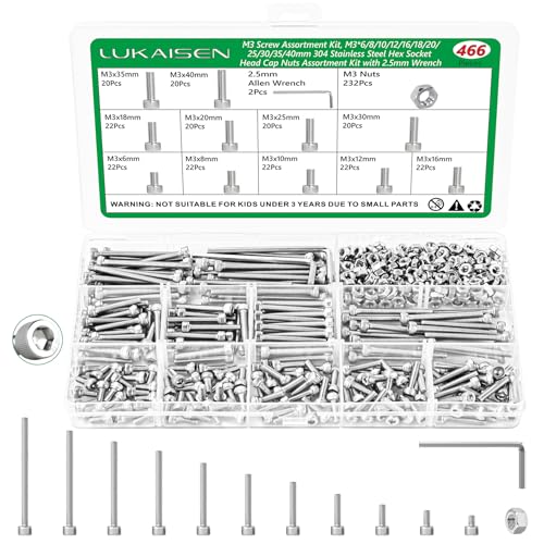 466 Pcs M3 Hex Socket Cap Screws Nuts Washers Wrench Kit, 304 SS | (6mm-40mm) with 2 Hex Wrenches, Metric Fastener Set for 3D Printing & Machinery DIY Repair,Clear Label Storage Box - size: SS M2 466pcs 3