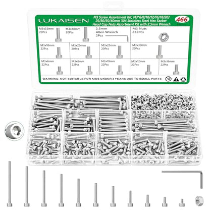 466 Pcs M3 Hex Socket Cap Screws Nuts Washers Wrench Kit, 304 SS | (6mm-40mm) with 2 Hex Wrenches, Metric Fastener Set for 3D Printing & Machinery DIY Repair,Clear Label Storage Box - size: SS M2 466pcs 3