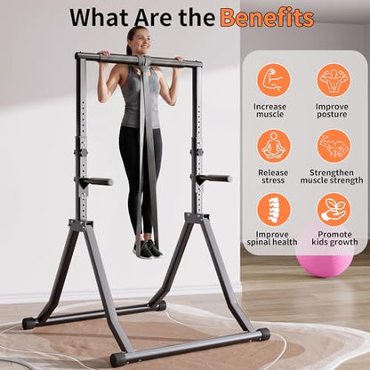 Foldable Pull Up Bar Station 66.1''-84.6'' Power Tower - color: 66"-85" with Dual Dip Handles & Assistance Bands