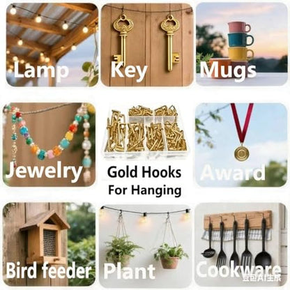 150 PCS 7 Shaped Right Angle Screw Hooks Sets,Gold 6 Sizes Screw in L Shaped Hooks for Hanging Lamp,Plants,Decorations,kitchenware and DIY Crafts,(1/2",5/8",3/4",7/8",1",1-1/4") - size: Gold 6sizes 150pcs