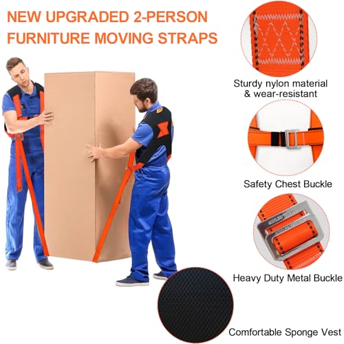 Upgraded Furniture Moving Straps with Chest Buckle,Shoulder Moving Straps with 1-Person Lifting Strap, Adjustable Easily Lifting and Moving for Mattresses, Appliances Heavy Object Up to 1200LBS - color: Orange-2Person Straps