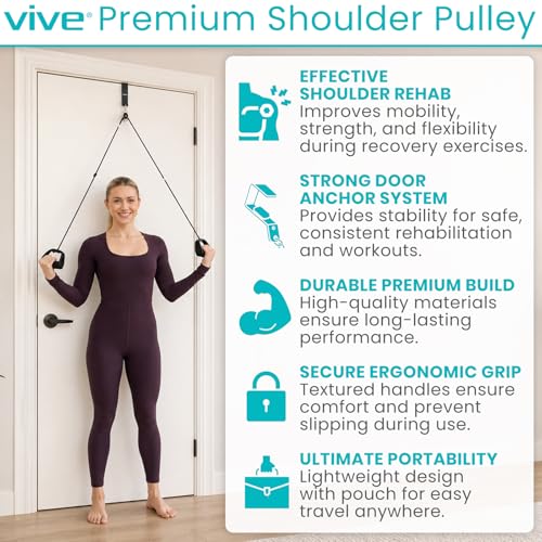 Vive Premium Shoulder Pulley for Physical Therapy w/ Carry Pouch - Over the Door Pulley for Shoulder Rehab - Rotator Cuff Exercise Strengthening Equipment - Overhead Pulleys Arm Pain Relief & Recovery