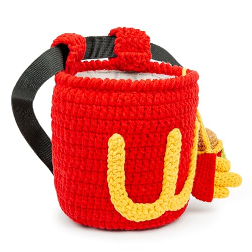 Handmade Crochet Rock Climbing Chalk Bag, Fun Plush Animal Chalk Pouch with Drawstring, Adjustable Waist Belt for Indoor Outdoor Bouldering Sport Climbing - style: Hamburger Fries