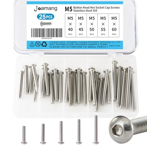 M5 x 40mm 45mm 50mm 55mm 60mm Button Head Socket Cap Screws Bolts, Stainless Steel 304, Metric Allen Hex Drive, Bright Finish, Fully Threaded, Assortment Kit 25PCS - size: Button M5x40-60 mm