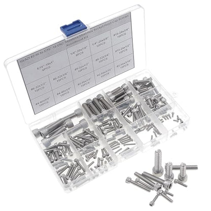 #2-56 to 5/16"-18 UNC Stainless Steel Knurled Socket Cap Screw Kit | 14 Sizes, #2-56 #4-40 #6-32 #8-32 #10-24 1/4"-20 5/16"-18 UNC 304 SS Hex Drive Full Thread Cap Screws Assortment w/ Box