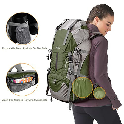 Loowoko 50L Hiking Backpack, Waterproof Camping Essentials Bag with Rain Cover, 45+5 Liter Lightweight Backpacking Back Pack - color: Green