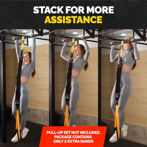 Pull Up Assistance Bands Set - 4 Heavy-Duty Pull Up Bands, Height Adjustable Strap & Comfortable Foot Strap - Stackable Pull Up Resistance Bands for Pull Ups (2X 50lb Tubes)