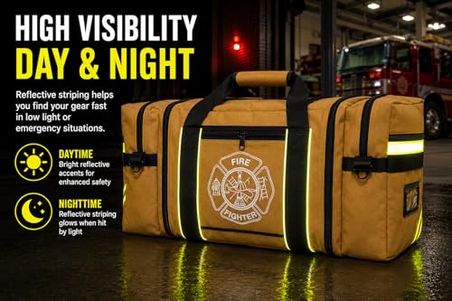 Firefighter Turnout Gear Bag – Heavy Duty Fire Resistant Equipment Duffel with Ventilation Pocket, Reflective Striping, Name Holder & Padded Shoulder Strap – Fireman Gear Bag (Khaki)