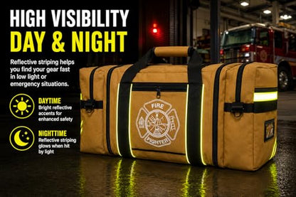 Firefighter Turnout Gear Bag – Heavy Duty Fire Resistant Equipment Duffel with Ventilation Pocket, Reflective Striping, Name Holder & Padded Shoulder Strap – Fireman Gear Bag (Khaki)