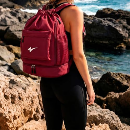 Sport Drawstring Backpack, Gym Bag with Mesh Side Pockets and Separate Shoe Compartment, Water-Resistant (Orange) - color: Orange