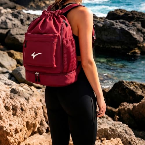 Sport Drawstring Backpack, Gym Bag with Mesh Side Pockets and Separate Shoe Compartment, Water-Resistant (Black) - color: Black