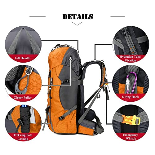 Bseash 60L Waterproof Hiking Camping Backpack with Rain Cover, Large Outdoor Sport Travel Daypack Rucksack for Climbing - color: Gold