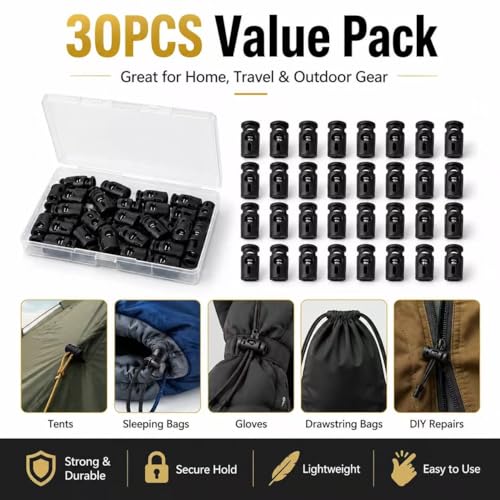 Black Plastic Cord Locks for Drawstrings, Single Hole Spring Toggle Stoppers
