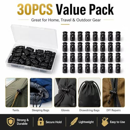 Black Plastic Cord Locks for Drawstrings, Single Hole Spring Toggle Stoppers