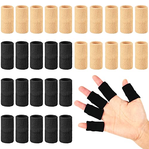 Skylety 30 Pieces Finger Sleeves with 1 Storage Bag, Thumb Splint Brace Support Protector Breathable Elastic Finger Tape for Pain Relief Arthritis Trigger Sports Basketball Baseball(Beige, Black) - color: Beige, Black