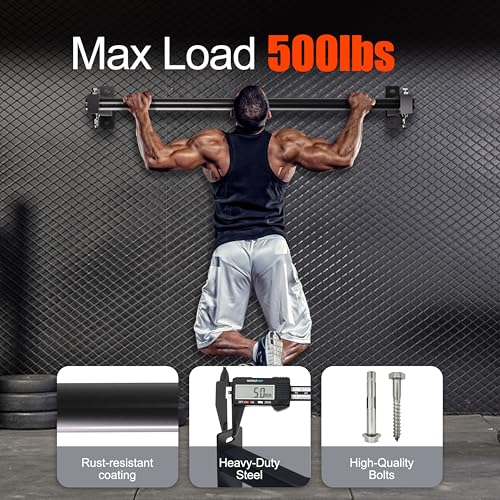 Wall Mount Pull Up Bar, Fits 16", 24" & 32" Studs, Supports 500 Lbs | Adjustable Mounting Spacing, with Round Rings, Heavy-Duty Steel Construction, for Home Gym Garage Basement Strength Training