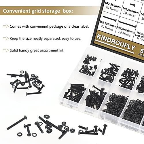 562 Pieces Black M2.5 x 4/6 /8/10 /12/16 /20mm Countersunk Head Socket Cap Screws Nuts Washers Assortment Kit, 10.9 Grade Alloy Steel - size: M2.5, style: Countersunk Head