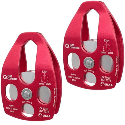 GM CLIMBING Large Rescue Pulley 32kN Single Sheave with Swing Plate CE UIAA Certified - color: Red | 2 Pack