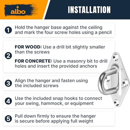 Albo Diamond Plate 2650lbs Swing Hangers 2 PCS - Heavy Duty Ceiling Mount Hooks with Snap Carabiners, 304 Stainless Steel for Wood & Concrete & Metal, Indoor Outdoor Anchor for Hammock, Yoga, TRX - size: Diamond 2pcs Silver