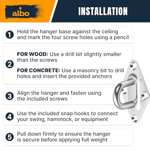 Albo Diamond Plate 2650lbs Swing Hangers 4 PCS - Heavy Duty Ceiling Mount Hooks with Snap Carabiners, 304 Stainless Steel for Wood & Concrete & Metal, Indoor Outdoor Anchor for Hammock, Yoga, TRX - size: Diamond 4pcs Silver